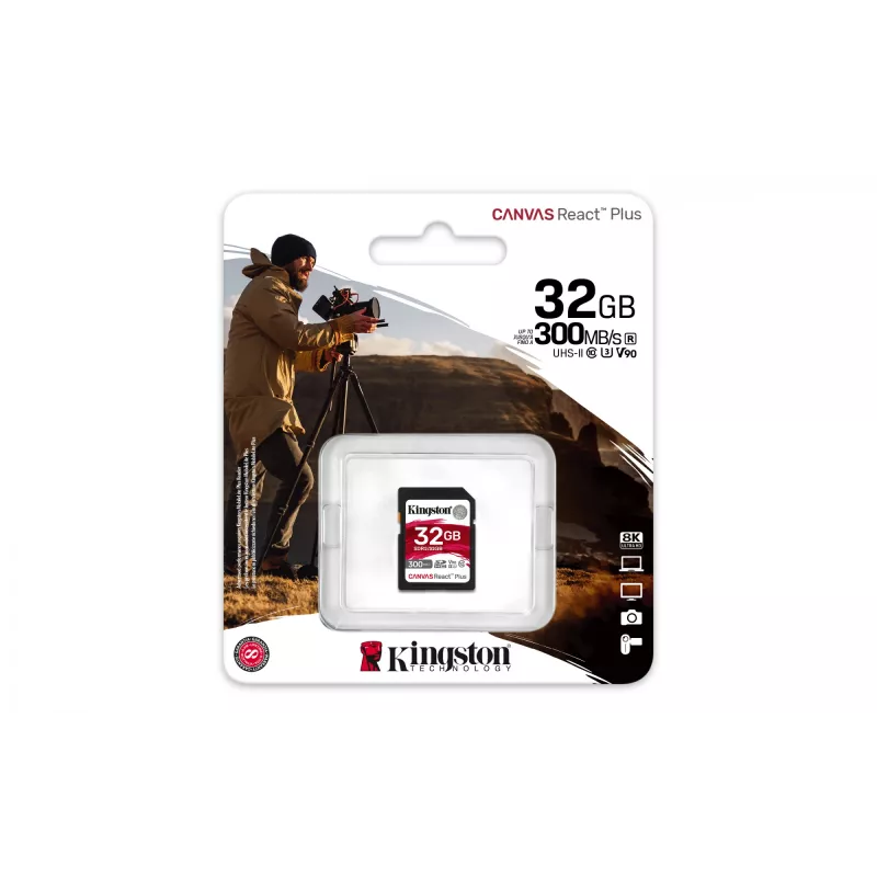 Kingston Technology 32 GB Canvas React Plus SDHC UHS-II 300R/260W U3 V90 do Full HD/4K/8K