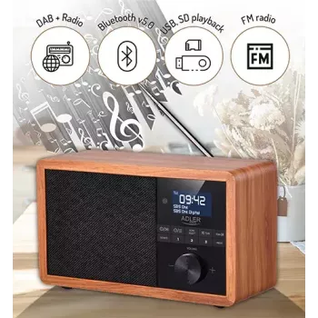 Radio przenośne Adler AD 1184 z cyfrowym tunerem DAB+/FM/AM, Bluetooth 5.0, 15W, SD/USB, budzik, czarny/drewno