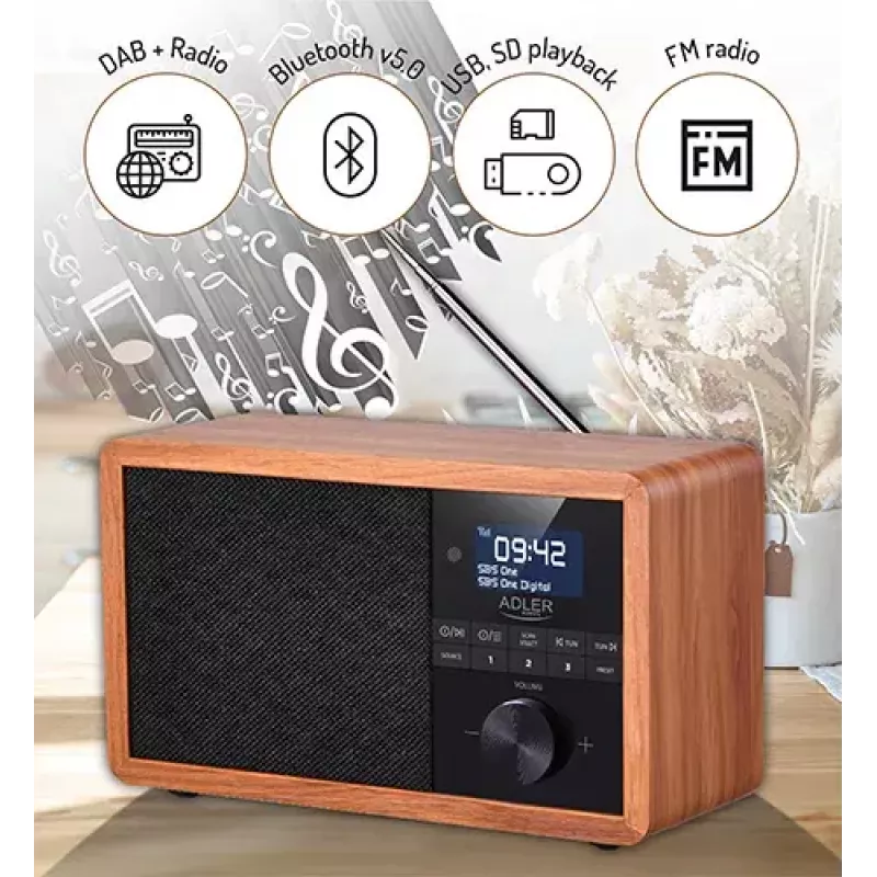 Radio przenośne Adler AD 1184 z cyfrowym tunerem DAB+/FM/AM, Bluetooth 5.0, 15W, SD/USB, budzik, czarny/drewno