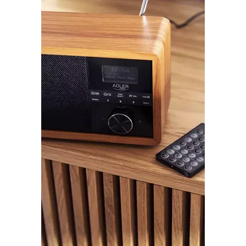Radio przenośne Adler AD 1184 z cyfrowym tunerem DAB+/FM/AM, Bluetooth 5.0, 15W, SD/USB, budzik, czarny/drewno
