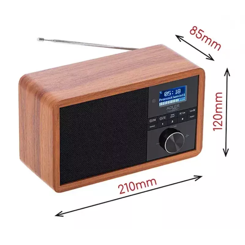Radio przenośne Adler AD 1184 z cyfrowym tunerem DAB+/FM/AM, Bluetooth 5.0, 15W, SD/USB, budzik, czarny/drewno