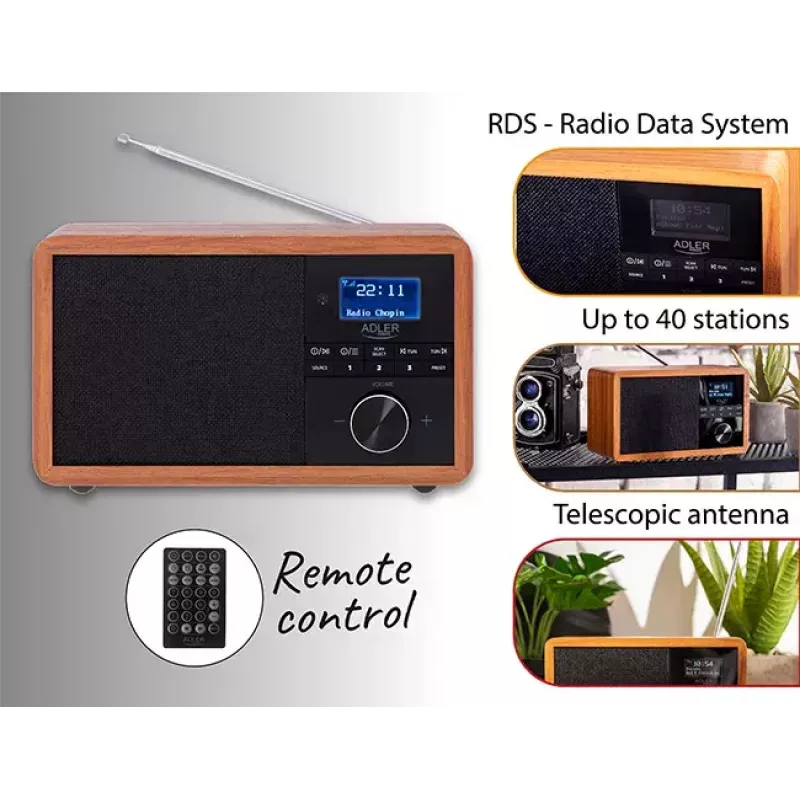 Radio przenośne Adler AD 1184 z cyfrowym tunerem DAB+/FM/AM, Bluetooth 5.0, 15W, SD/USB, budzik, czarny/drewno