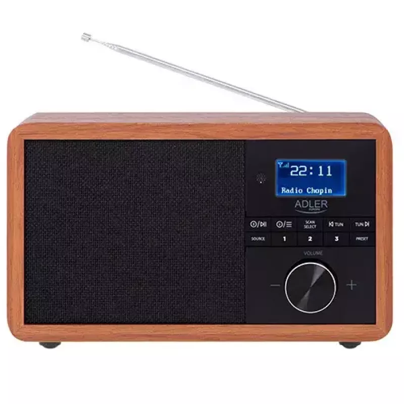 Radio przenośne Adler AD 1184 z cyfrowym tunerem DAB+/FM/AM, Bluetooth 5.0, 15W, SD/USB, budzik, czarny/drewno