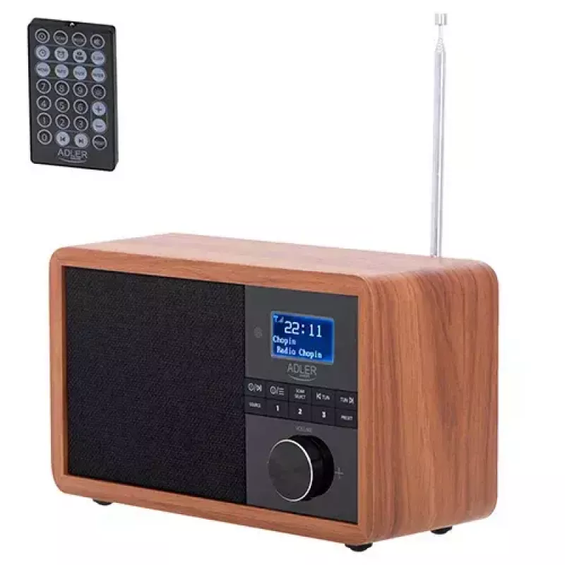 Radio przenośne Adler AD 1184 z cyfrowym tunerem DAB+/FM/AM, Bluetooth 5.0, 15W, SD/USB, budzik, czarny/drewno