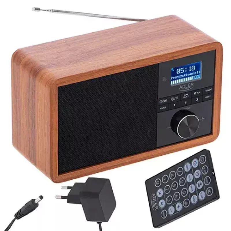 Radio przenośne Adler AD 1184 z cyfrowym tunerem DAB+/FM/AM, Bluetooth 5.0, 15W, SD/USB, budzik, czarny/drewno