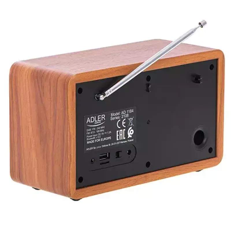 Radio przenośne Adler AD 1184 z cyfrowym tunerem DAB+/FM/AM, Bluetooth 5.0, 15W, SD/USB, budzik, czarny/drewno