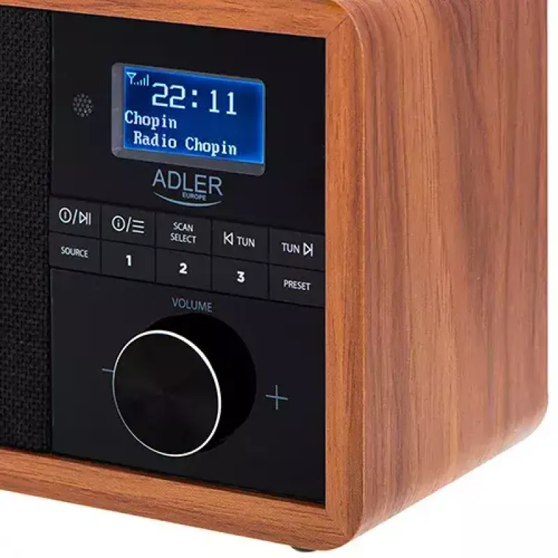 Radio przenośne Adler AD 1184 z cyfrowym tunerem DAB+/FM/AM, Bluetooth 5.0, 15W, SD/USB, budzik, czarny/drewno
