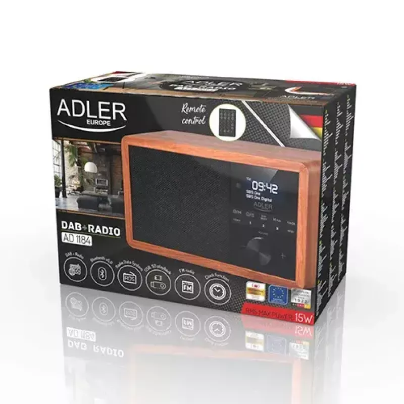 Radio przenośne Adler AD 1184 z cyfrowym tunerem DAB+/FM/AM, Bluetooth 5.0, 15W, SD/USB, budzik, czarny/drewno
