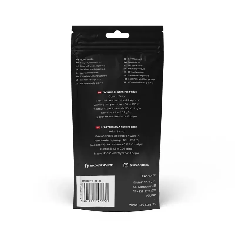 Pasta termoprzewodząca SAVIO TG-01, 4,7 W/m·K, 10 g, gęstość 2,5 g/cm³, praca −50–250 °C