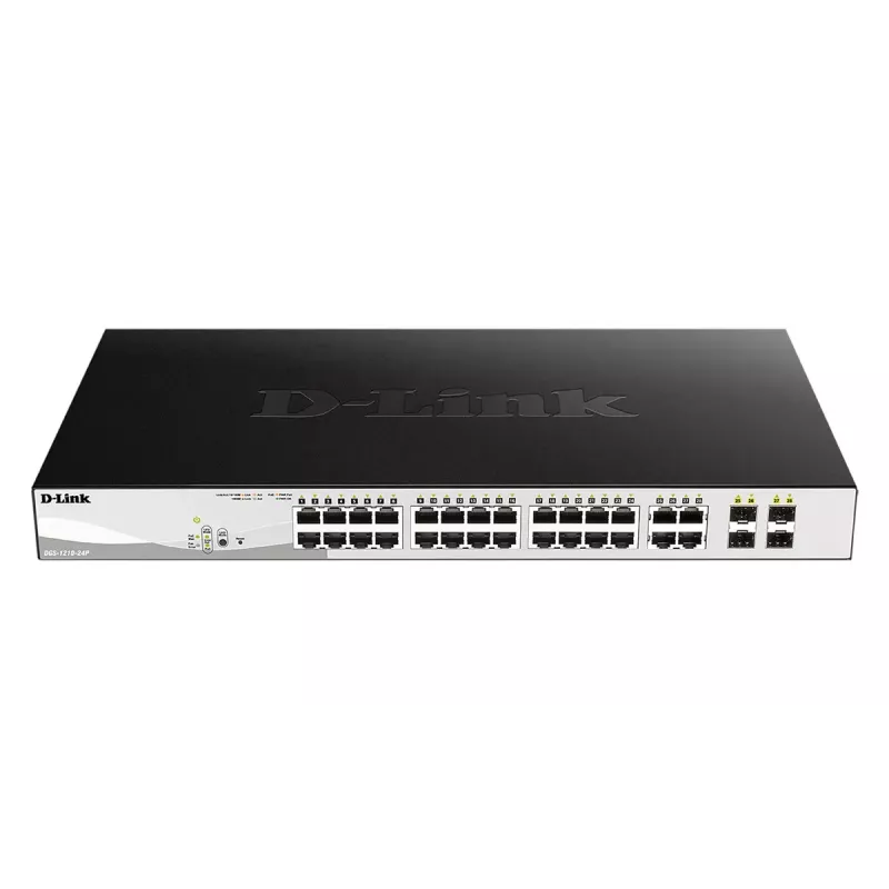 Zarządzalny przełącznik L2 Gigabit PoE D-Link DGS-1210-24P — 24x 10/100/1000 RJ-45, IEEE 802.3af/at, 56 Gbit/s, montaż w szafie rack, czarny