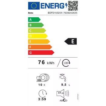 Zmywarka wąska Beko BDFS15020X, 10 kompletów, 45 cm, 47 dB, 5 programów, silnik inwerterowy