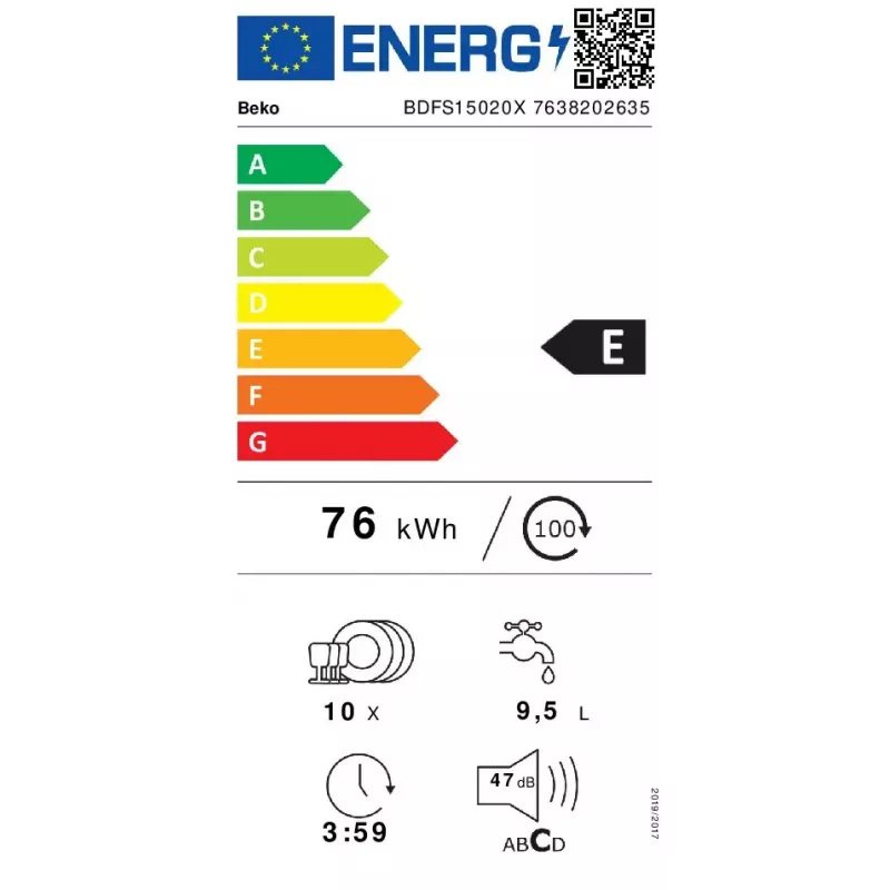 Zmywarka wąska Beko BDFS15020X, 10 kompletów, 45 cm, 47 dB, 5 programów, silnik inwerterowy