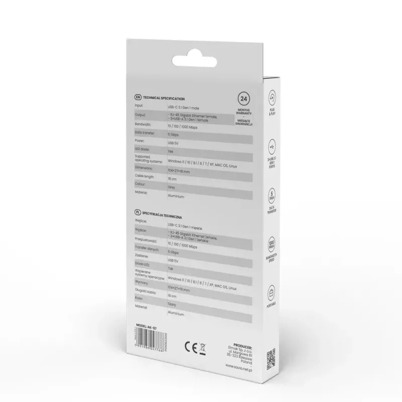 Koncentrator USB-C SAVIO AK-57 z 3× USB-A, RJ-45 Gigabit Ethernet (5000 Mbit/s), aluminium szare