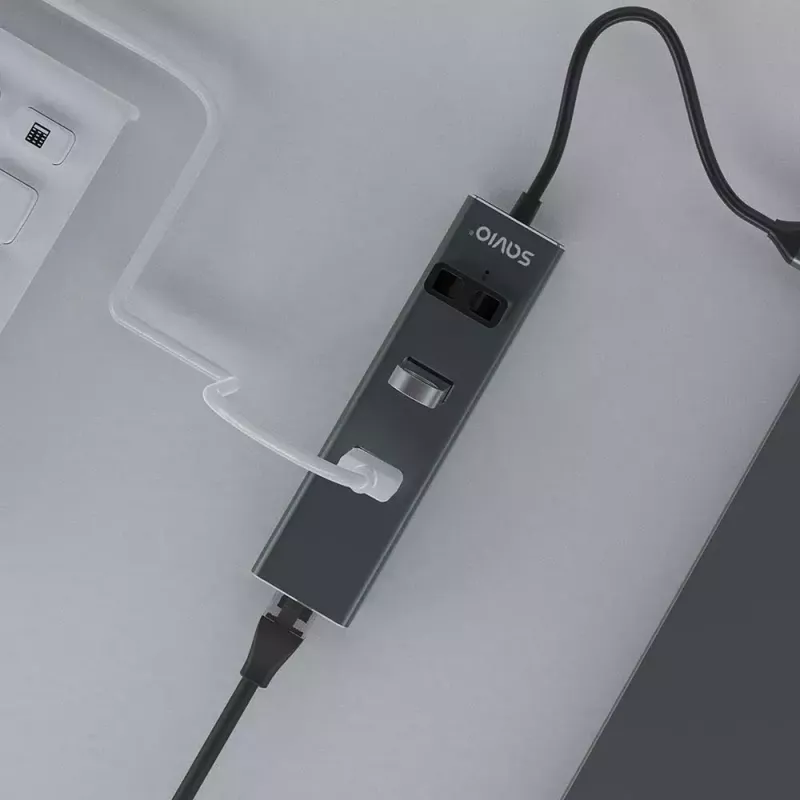 Koncentrator USB-C SAVIO AK-57 z 3× USB-A, RJ-45 Gigabit Ethernet (5000 Mbit/s), aluminium szare