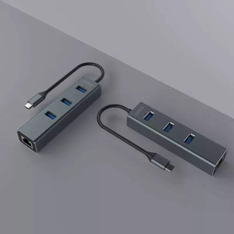 Koncentrator USB-C SAVIO AK-57 z 3× USB-A, RJ-45 Gigabit Ethernet (5000 Mbit/s), aluminium szare