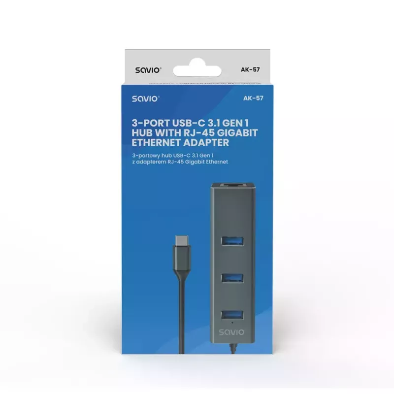 Koncentrator USB-C SAVIO AK-57 z 3× USB-A, RJ-45 Gigabit Ethernet (5000 Mbit/s), aluminium szare
