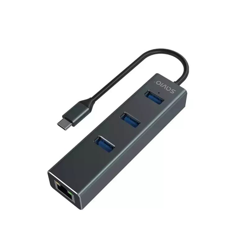 Koncentrator USB-C SAVIO AK-57 z 3× USB-A, RJ-45 Gigabit Ethernet (5000 Mbit/s), aluminium szare