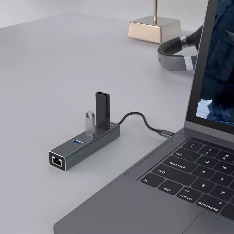 Koncentrator USB-C SAVIO AK-57 z 3× USB-A, RJ-45 Gigabit Ethernet (5000 Mbit/s), aluminium szare