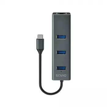 Koncentrator USB-C SAVIO AK-57 z 3× USB-A, RJ-45 Gigabit Ethernet (5000 Mbit/s), aluminium szare