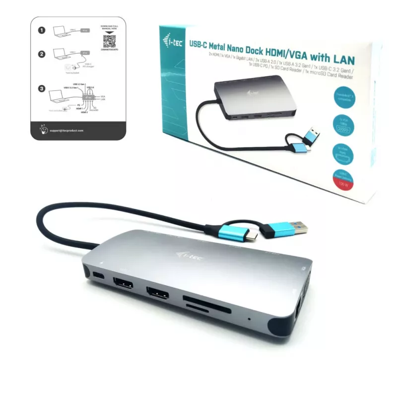 i-tec USB 3.0 USB-C/Thunderbolt 3x Display Metal Nano Dock z LAN + Power Delivery 100 W