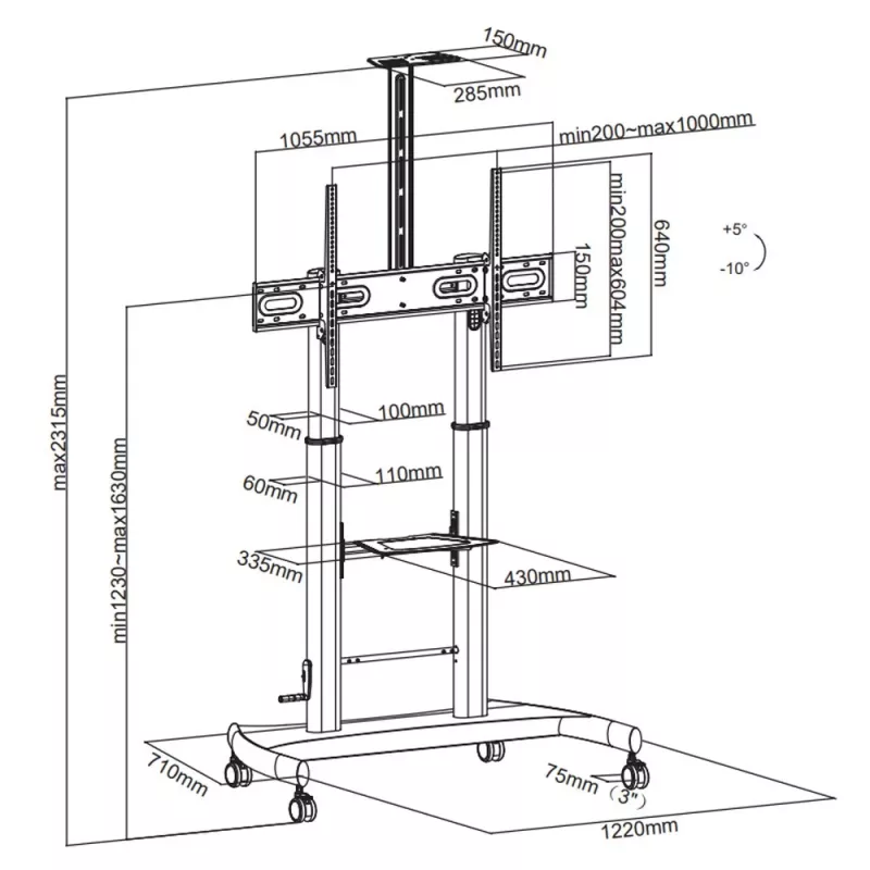 Techly Steel Trolley Floor Support with adjustable height, for TV from 60'' to 100''