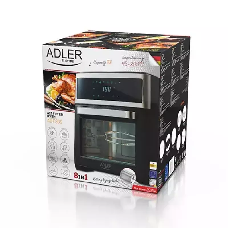 Piekarnik frytkownicy gorącym powietrzem Adler AD 6309 13 l 2500 W Czarny/Srebrny, sterowanie dotykowe, rożen