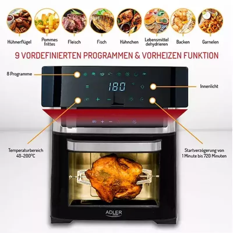Piekarnik frytkownicy gorącym powietrzem Adler AD 6309 13 l 2500 W Czarny/Srebrny, sterowanie dotykowe, rożen