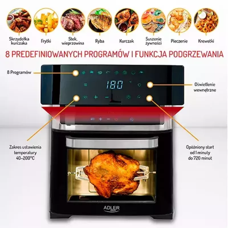 Piekarnik frytkownicy gorącym powietrzem Adler AD 6309 13 l 2500 W Czarny/Srebrny, sterowanie dotykowe, rożen