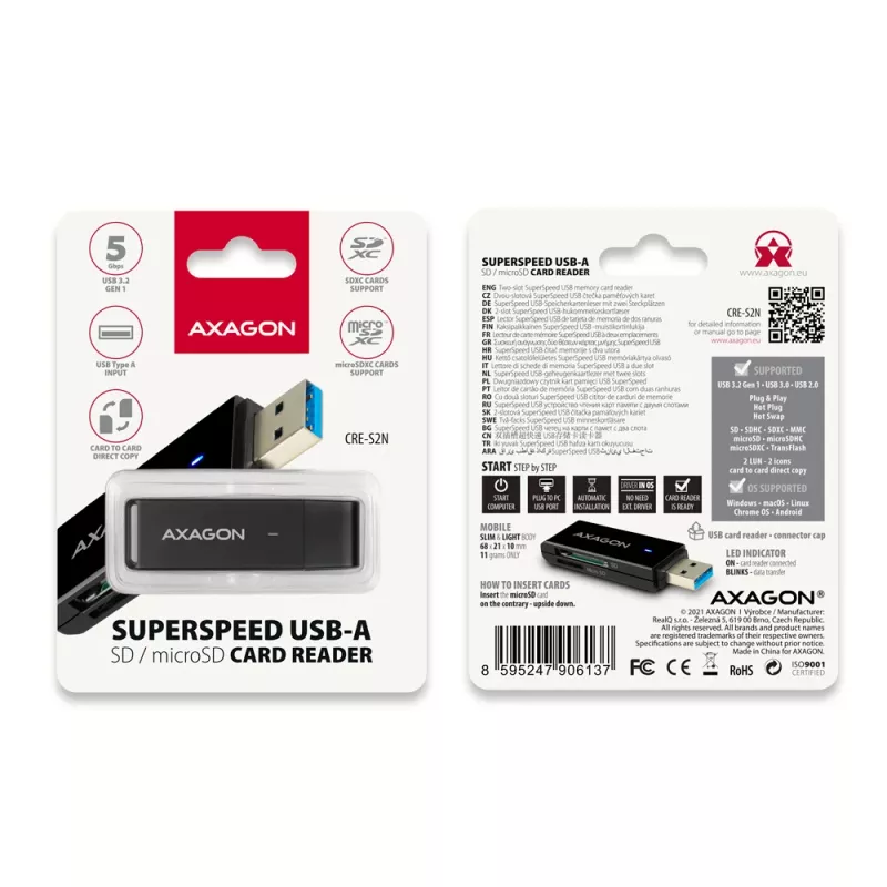 Card Reader Axagon CRE-S2N USB 3.2 Gen 1 Type-A Czarny