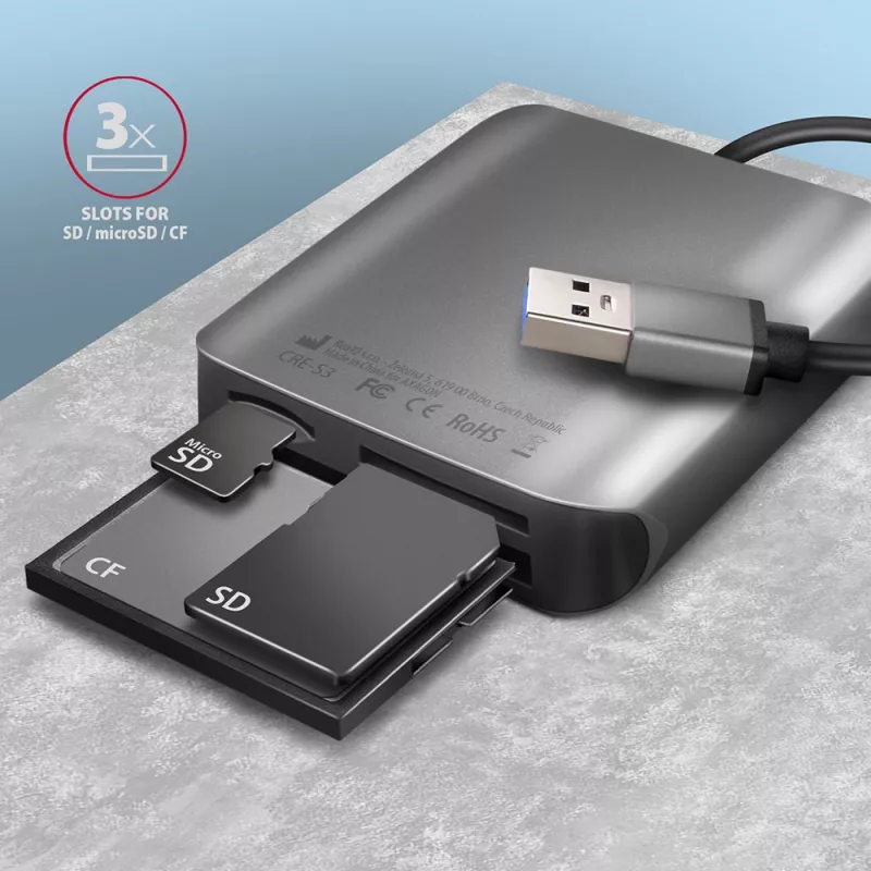 Czytnik kart Axagon CRE-S3 zewnętrzny USB-A 3.2 Gen 1 3 gniazda i LUN SD/microSD/CF USB 3.2 Gen 1 (3.1 Gen 1) Type-A Szary