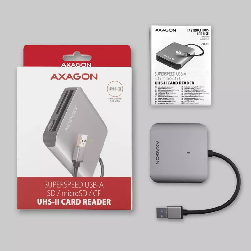 Czytnik kart Axagon CRE-S3 zewnętrzny USB-A 3.2 Gen 1 3 gniazda i LUN SD/microSD/CF USB 3.2 Gen 1 (3.1 Gen 1) Type-A Szary