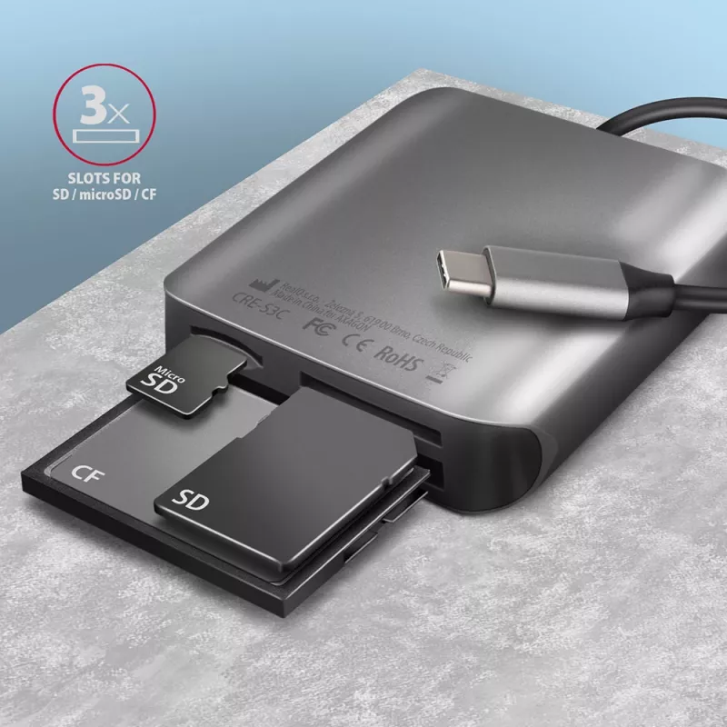 Czytnik kart pamięci Axagon CRE-S3C, aluminiowy, szybki USB-C 3.2 Gen 1, 3 gniazda, UHS-II