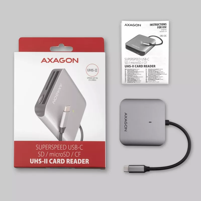 Czytnik kart pamięci Axagon CRE-S3C, aluminiowy, szybki USB-C 3.2 Gen 1, 3 gniazda, UHS-II