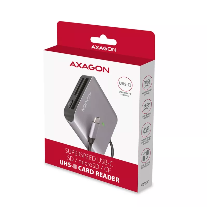 Czytnik kart pamięci Axagon CRE-S3C, aluminiowy, szybki USB-C 3.2 Gen 1, 3 gniazda, UHS-II
