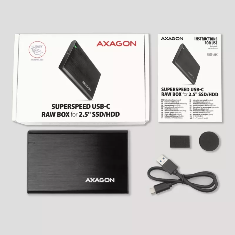 Obudowa 2.5 inch HDD/SSD AXAGON EE25-A6C — SATA, USB 3.2 Gen 1 (Type-C & Type-A), aluminium, czarny