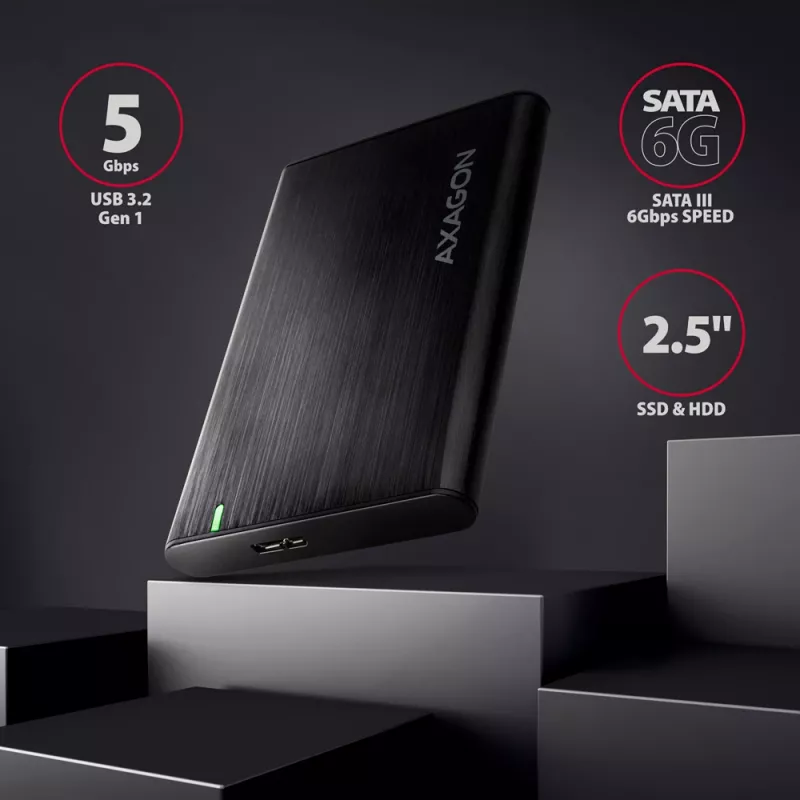 Obudowa HDD/SSD AXAGON EE25-A6M — 2,5 cala SATA, USB 3.2 Gen 1 (5 Gbit/s), Micro-USB B na USB Type-A, aluminium, czarny