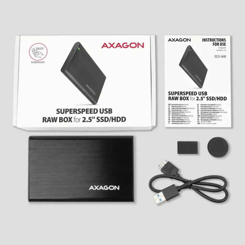 Obudowa HDD/SSD AXAGON EE25-A6M — 2,5 cala SATA, USB 3.2 Gen 1 (5 Gbit/s), Micro-USB B na USB Type-A, aluminium, czarny