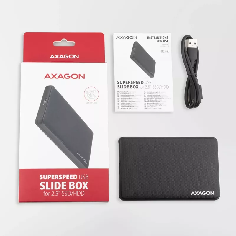 Axagon EE25-SL Bezśrubowa zewnętrzna kieszeń USB 3.2 Gen 1 - SATA 6G na dysk 2,5 cala SSD/HDD