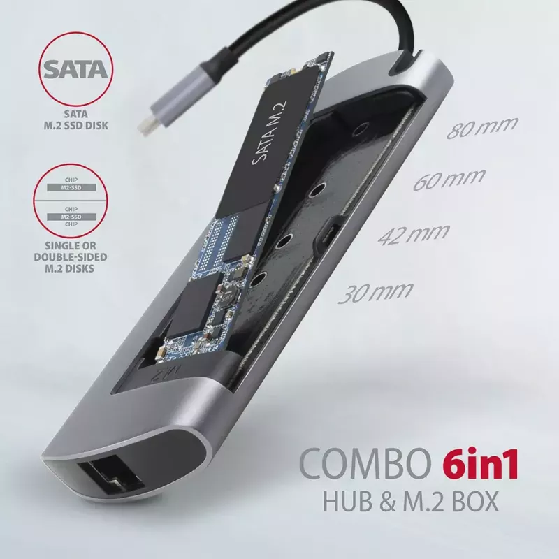 Koncentrator Axagon HMC-6M2 USB 3.2 Gen 1, 2x USB-A, HDMI, RJ-45, SATA M.2, PD 100W, kabel USB-C