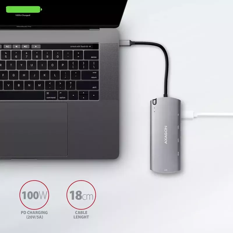 Koncentrator Axagon HMC-6M2 USB 3.2 Gen 1, 2x USB-A, HDMI, RJ-45, SATA M.2, PD 100W, kabel USB-C