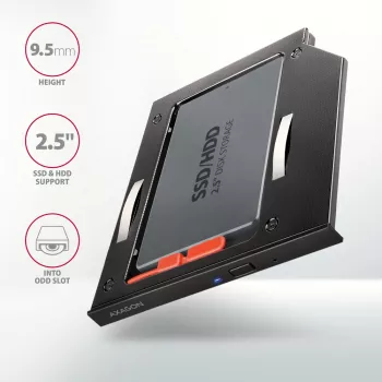 Axagon RSS-CD09 2.5 inch SSD/HDD kieszeń do slotu DVD 9.5 mm LED ALU interfejsy/karty adapter Wewnętrzny SATA