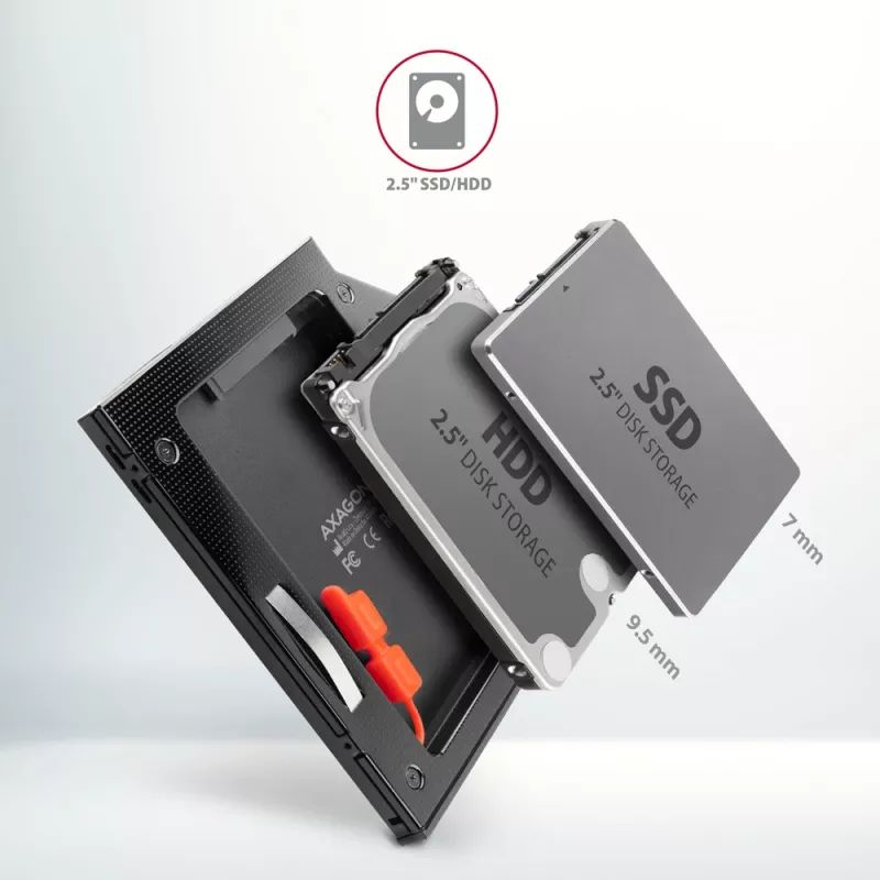 Axagon RSS-CD09 2.5 inch SSD/HDD kieszeń do slotu DVD 9.5 mm LED ALU interfejsy/karty adapter Wewnętrzny SATA