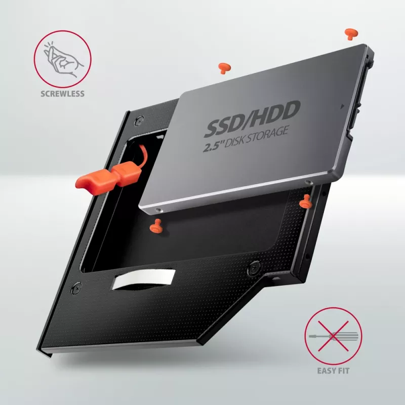 Axagon RSS-CD09 2.5 inch SSD/HDD kieszeń do slotu DVD 9.5 mm LED ALU interfejsy/karty adapter Wewnętrzny SATA
