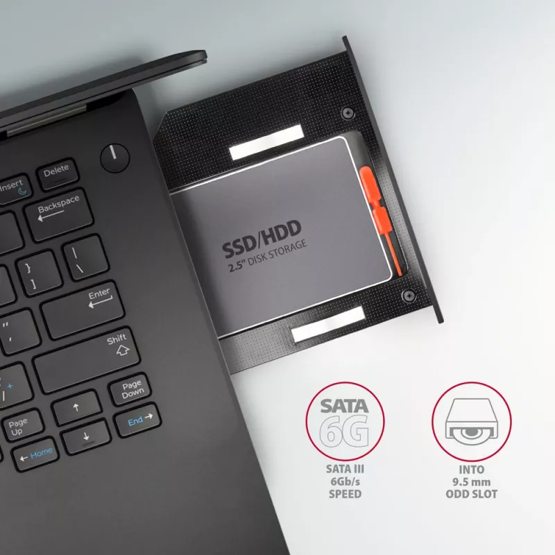 Axagon RSS-CD09 2.5 inch SSD/HDD kieszeń do slotu DVD 9.5 mm LED ALU interfejsy/karty adapter Wewnętrzny SATA