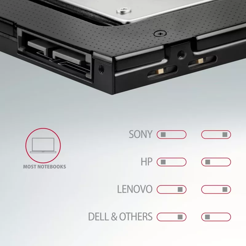 Axagon RSS-CD09 2.5 inch SSD/HDD kieszeń do slotu DVD 9.5 mm LED ALU interfejsy/karty adapter Wewnętrzny SATA