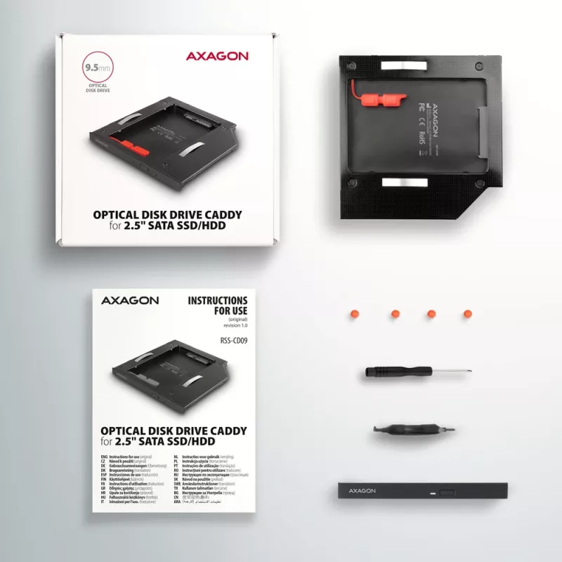 Axagon RSS-CD09 2.5 inch SSD/HDD kieszeń do slotu DVD 9.5 mm LED ALU interfejsy/karty adapter Wewnętrzny SATA