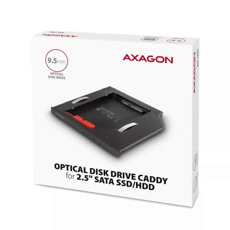 Axagon RSS-CD09 2.5 inch SSD/HDD kieszeń do slotu DVD 9.5 mm LED ALU interfejsy/karty adapter Wewnętrzny SATA