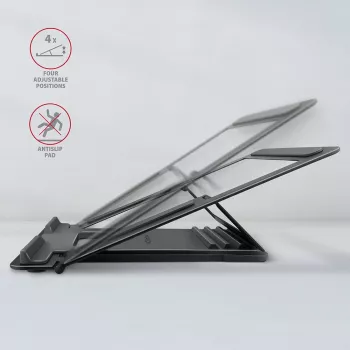 Axagon STND-L aluminiowa podstawka pod laptopy o przekątnej 10-17,3 cala. Osiem pozycji regulacji wysokości i kąta. Wersja szara.