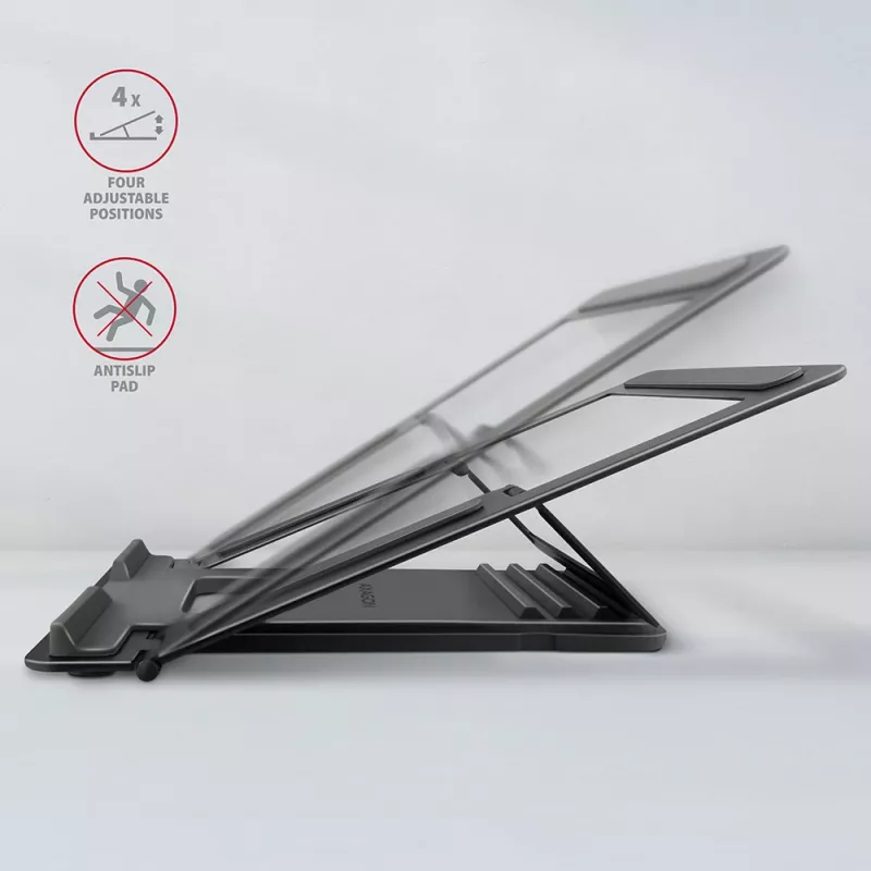 Axagon STND-L aluminiowa podstawka pod laptopy o przekątnej 10-17,3 cala. Osiem pozycji regulacji wysokości i kąta. Wersja szara.
