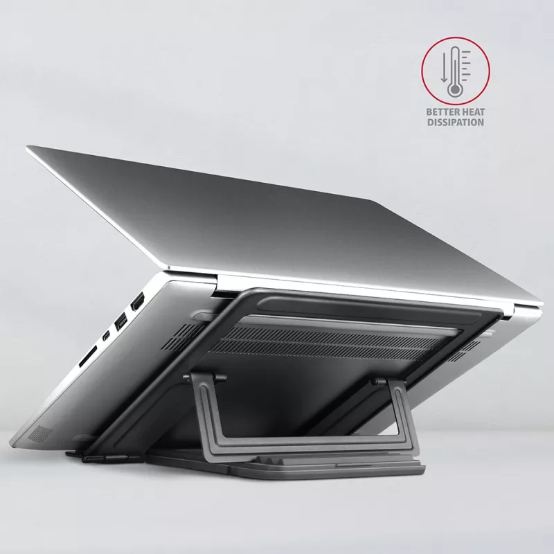 Axagon STND-L aluminiowa podstawka pod laptopy o przekątnej 10-17,3 cala. Osiem pozycji regulacji wysokości i kąta. Wersja szara.
